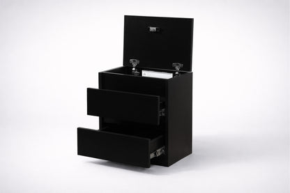 Black vanity unit with open top drawer on a white background