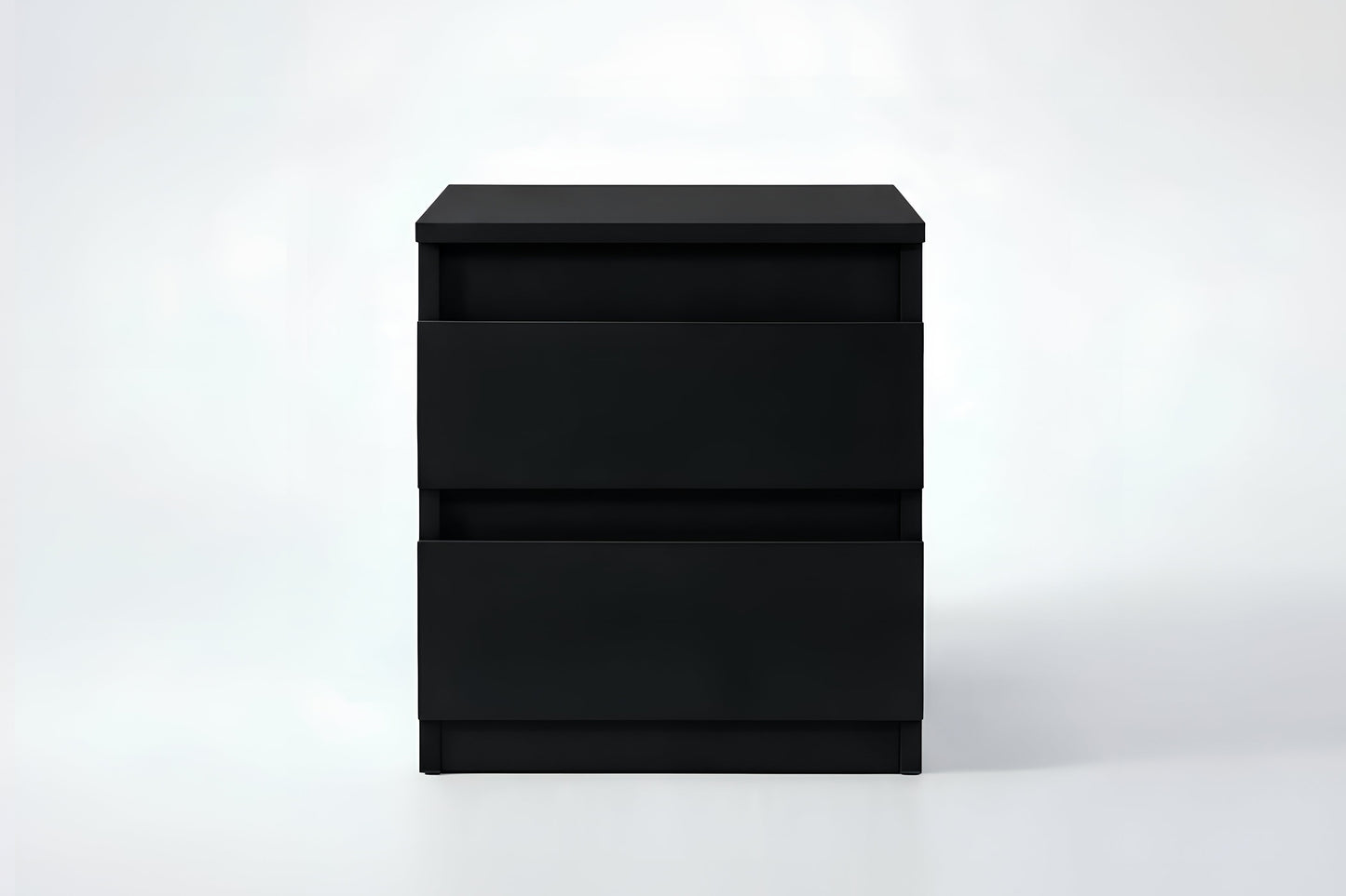 Black two-drawer nightstand on a white background