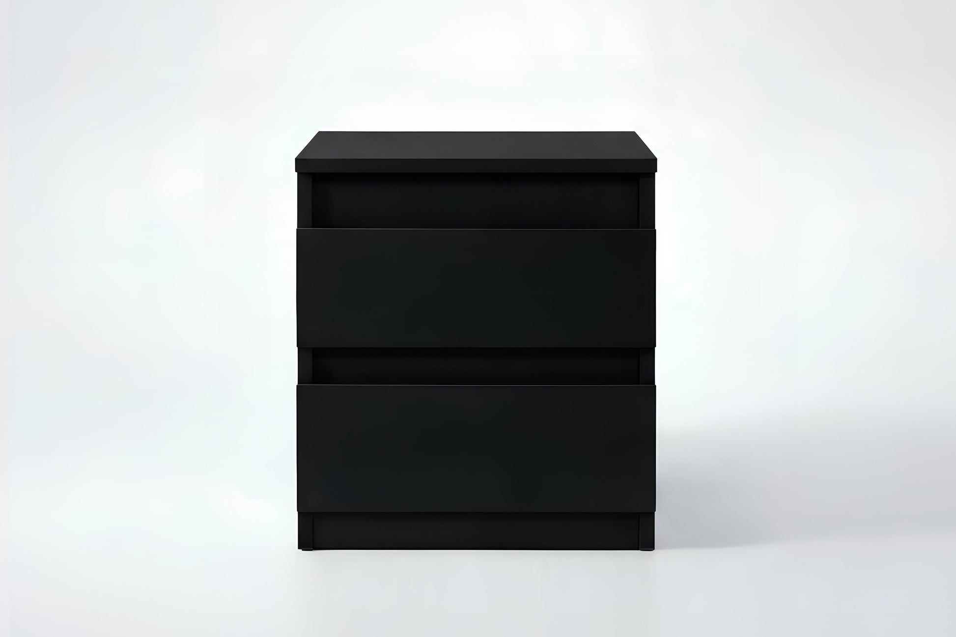 Black two-drawer nightstand on a white background